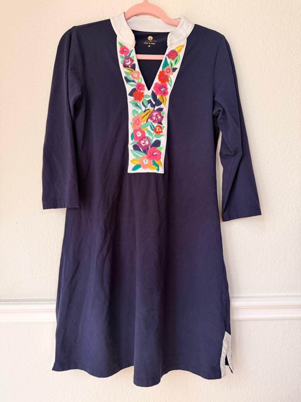 Spartina 449 Embroidered Floral‎ Tunic Dress Navy Cotton Preppy Garden Fairy M